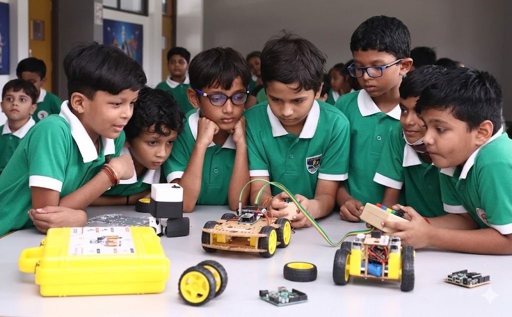 Students building a robotic arm on the classroom floor