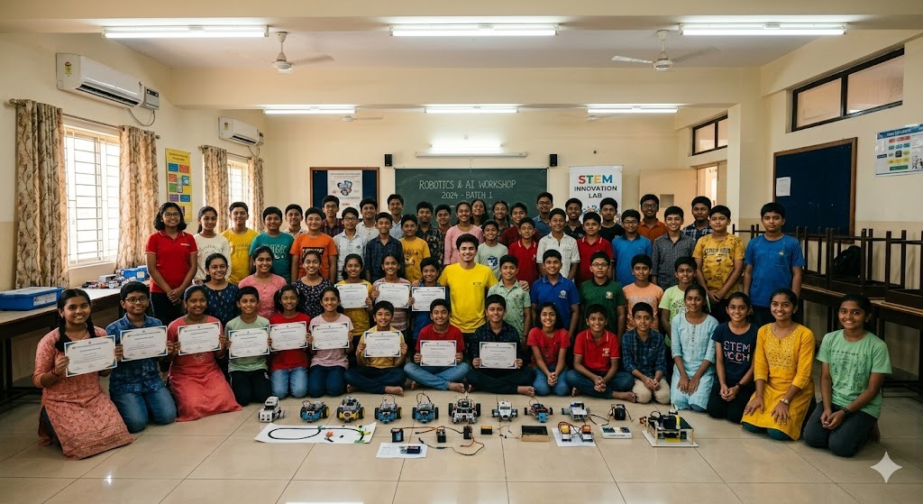 Esdar Robotics & AI Workshop 2024 Batch 1 — students with their certificates and projects at the STEM Innovation Lab